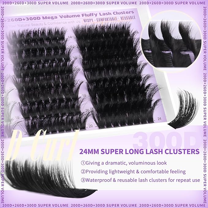 EYDEVRO Fluffy Lash Clusters Kit 12-24mm Long Eyelash Clusters Kit 200D260D300D Mega Volume Cluster Eyelash Extensions Dramatic Full Mink Cluster Lashes Kit with Lash Bond and Seal Lash Brushes