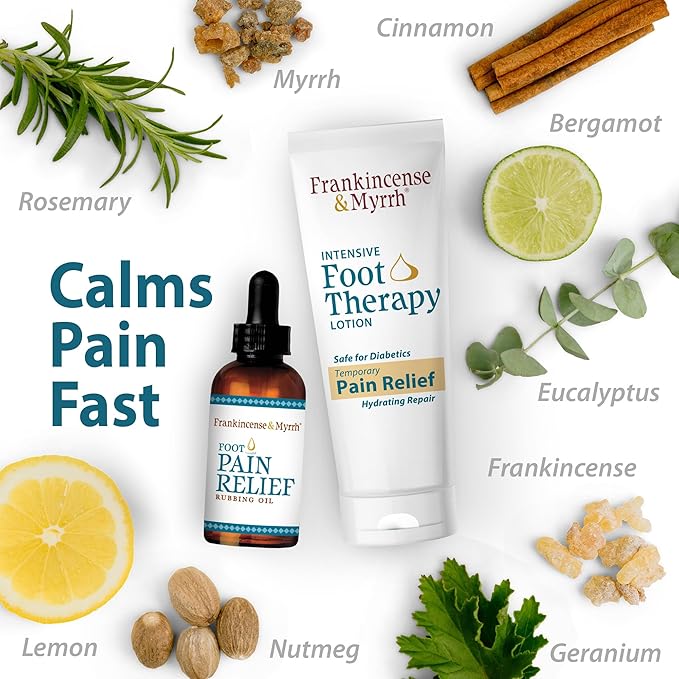 Frankincense and Myrrh Foot Pain Combo Pack: Foot Pain Relief Rubbing Oil (2 oz) and Intensive Therapy Lotion for feet (3 oz), Neuropathy, Nerve Relief, Frankincense Essential Oil, Maximum Strength