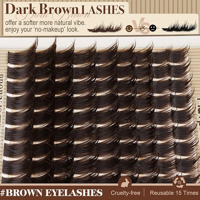 Brown Lash Clusters Spiky Volume Cluster Eyelash Extensions Fairy Spikes Dark Brown Wispy Thick Cluster Lashes Extensions Wide-Band Spiky Fluffy Eyelash Clusters (90 Pcs, CC Curve, 10-16MM)