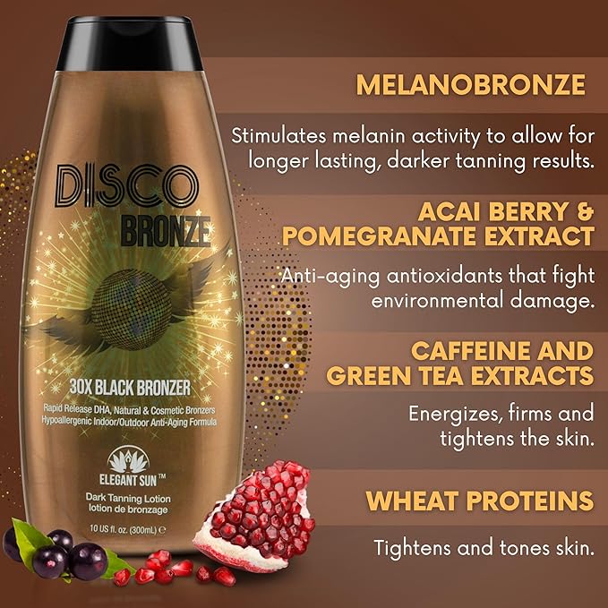 Disco Bronze 30X Black Bronzer Tanning Lotion - Indoor & Outdoor UV Tan Accelerator with DHA, Natural & Cosmetic Bronzers, Proprietary Melanin Boosting Formula, Made in USA for Men & Women – 10 oz