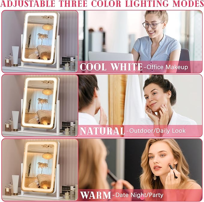 ROLOVE Vanity Mirror with Lights, 12.6"×15" LED Makeup Mirror, Lighted Makeup Mirror with Lights, Smart Touch Control Dimmable 3 Modes Light, Lighted Up Mirror for Makeup Desk, Bedroom, Dressing Room