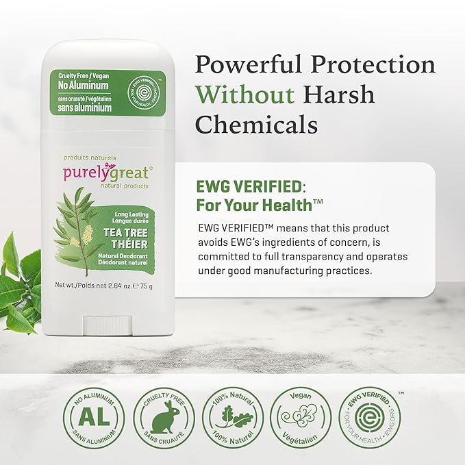 Purelygreat - Tea Tree Scented Natural Deodorant Stick, Travel-Friendly Hygiene Essentials for Women, Natural Deodorant for Men Without Aluminum & Parabens, 2.64 oz / 75 g