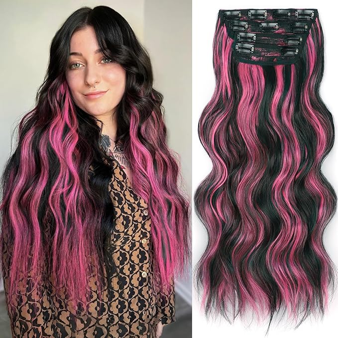 ALXNAN Clip in Long Wavy Synthetic Hair Extension 20 Inch Black Mix Rose Pink Highlights 4PCS Thick Hairpieces Fiber Double Weft Hair for Women