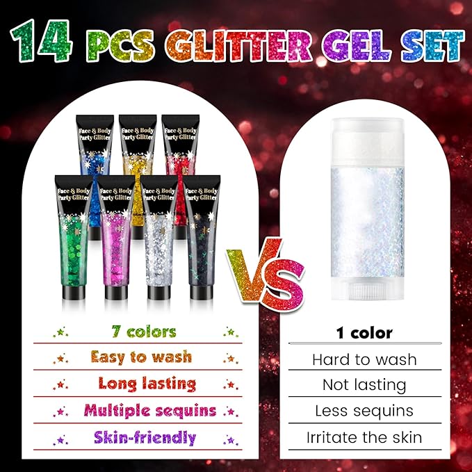 AROIC Face Glitter, 14Pcs Mardi Gras Accessories, Body & Hair Glitter Gel Sparkle Makeup for Women Party Rave Outfits, Concerts Festival Face Paint，Rave Accessories Music Festivals Black Light Party