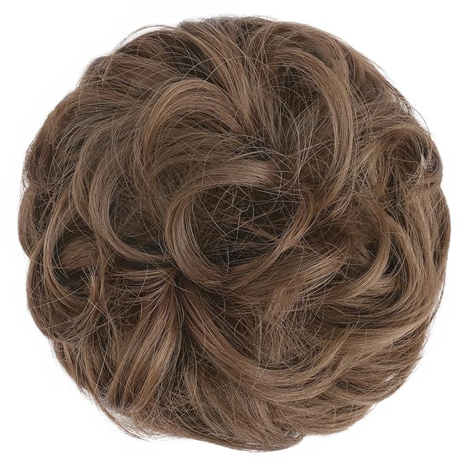 FESHFEN Messy Bun Hair Piece - Wavy Synthetic Chignon Scrunchies for Instant Volume, Elastic Bun Ponytail Hair Extensions Thick Hairpieces for Women, Golden Brown 1.50 oz