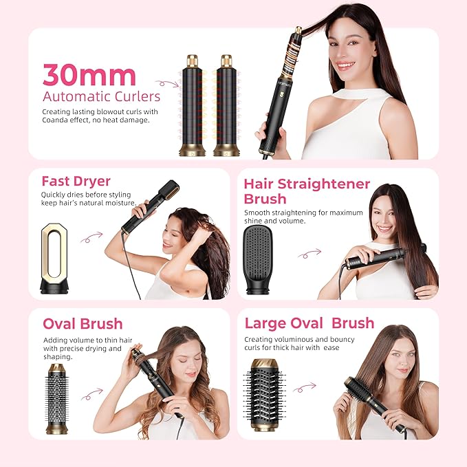 6 in 1 Hair Dryer Brush, Detachable Air Styler, Blow Dryer Brush 3 Heat Settings Frizz-Free Drying, Volumizing, Straightening, Curling for Travel & Home Styling (Pink-Black)