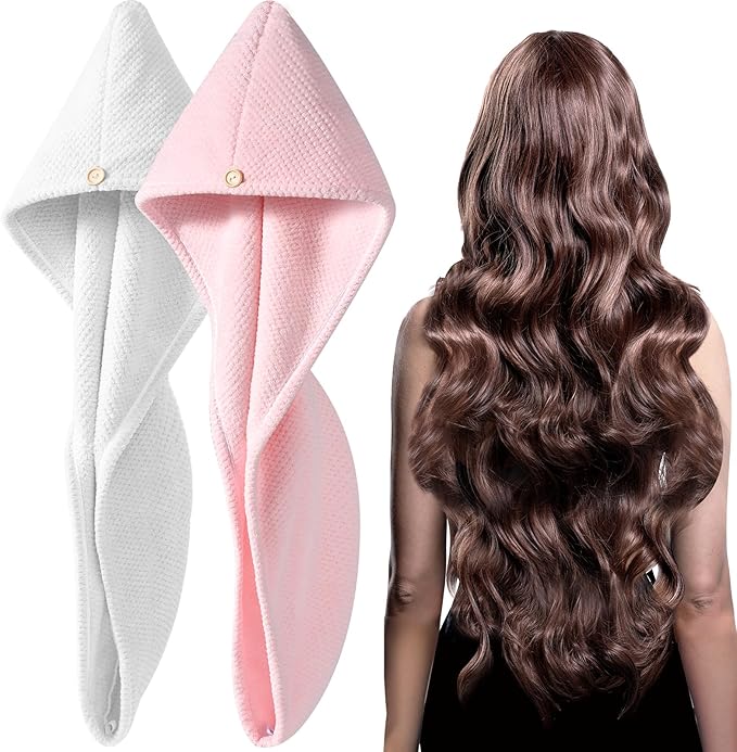 YFONG 2 Pack Microfiber Hair Towel Wrap for Women, Super Absorbent Quick Dry Hair Turban for All Hair Style Anti Frizz, Large Hair Drying Towel with Button