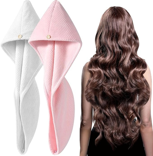 YFONG 2 Pack Microfiber Hair Towel Wrap for Women, Super Absorbent Quick Dry Hair Turban for All Hair Style Anti Frizz, Large Hair Drying Towel with Button