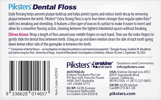 Piksters Dental Floss, 4 Pack (262.4 Yds), Extra Strong Dental Floss, Plaque Remover for Teeth, Shred Resistant, Smooth Gliding, Waxed, Deep Cleaning Teeth Flosser, Oral Care for Adults & Kids