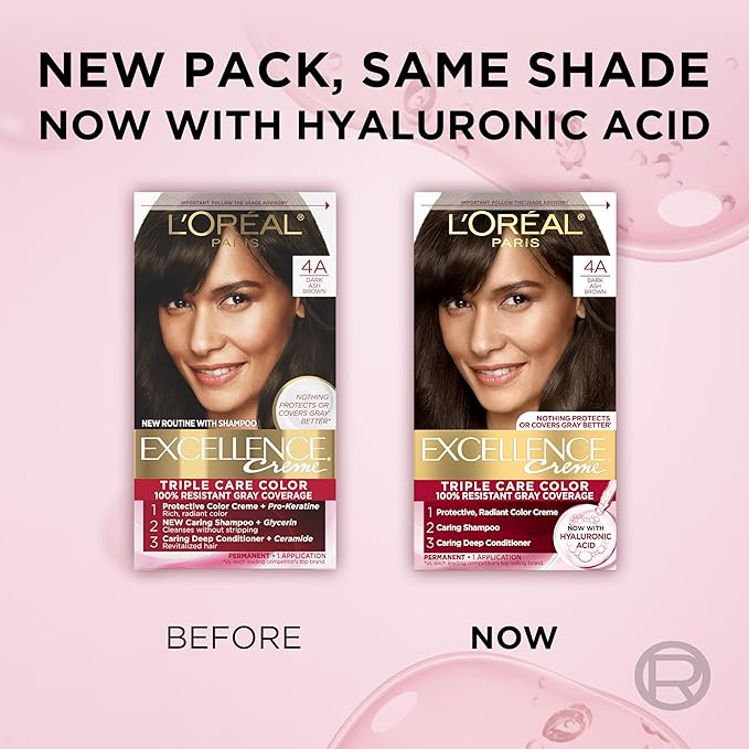 L'Oreal Paris Excellence Crème Permanent Hair Dye, Triple Care Hair Color with Hyaluronic Acid for 100% Gray Coverage, 4A Dark Ash Brown, 1 Kit (Pack of 2) (Packaging May Vary)