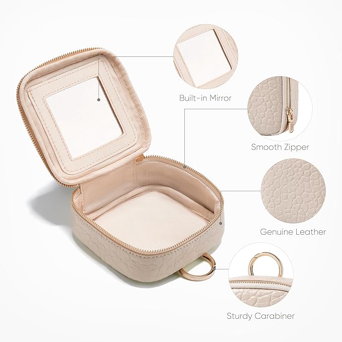Oaque Small Makeup Bag with Mirror, Genuine Leather Mini Cosmetic Bag for Purse Makeup Pouch with Zipper Mini Toiletry Bag Cute Cosmetic Pouch for School, Travel, Car (Cream White)