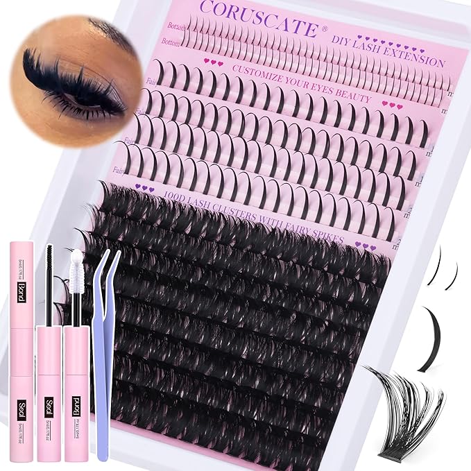 CORUSCATE 100D Lash Clusters Kit with Bottom Lashes Spikes DIY Lash Extension Kit Thick Cluster Eyelash Extensions 5-20mm Cluster Lashes Strips Eyelash Clusters Individual with Lashes Glue