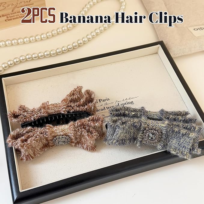 2 Pack Tweed Banana Hair Clips for Fine to Medium Hair, Elegant Plaid Ponytail Holder for Thin Hair, Half-Up Styling Accessory for Thick Hair, Vintage French Style Fabric Hair Clamps (Grey & Beige)