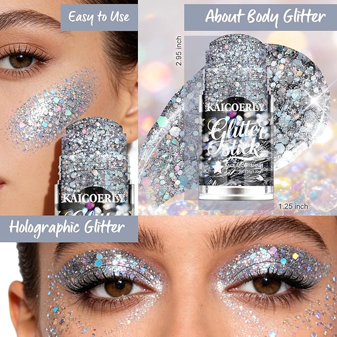 Silvery Body Glitter Gel, Roll-on Holographic Body Glitter for Face Body Hair, Chameleon Color Changing Glitter Gel for Rave Party Mermaid Sequins Festival Accessories Shimmer Makeup #2