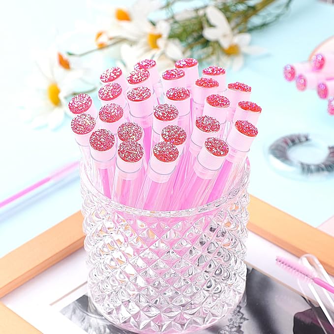 Dming 50-Piece Disposable Mascara Brushes - Eyelash Brushes, Diamond Mascara Wands with Tube, Makeup Tool, Lash Spoolies, Sanitary Brushes, Lash Extension Supplies (Tube Star D Pink 50)