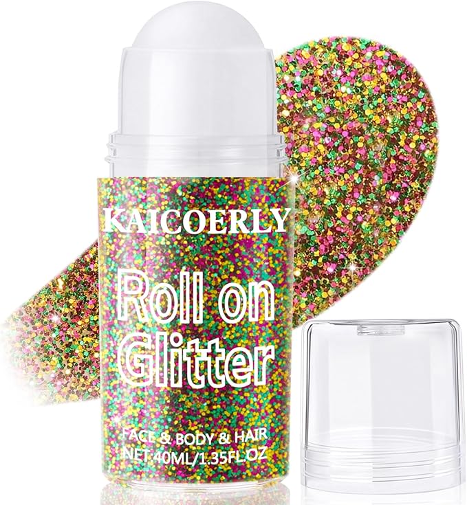 Mardi Gras Roll-on Holographic Body Glitter Gel for Women, Sparkle Chunky Glitter Makeup for Mardi Gras Christmas New Year Festival Halloween Party Rave, Face Glitter Makeup for Face Body Hair Lips