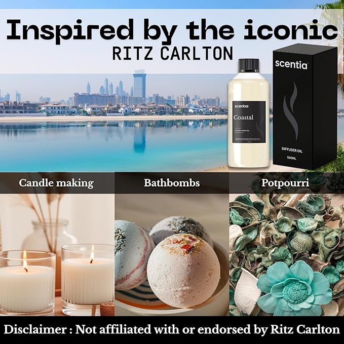 Scentia Diffuser Oil Inspired by R.itz Carl.ton Hotel Scent - 500 ml 16.9 fl oz - Essential Oil Blend, Spa Scent, Jasmine & Bergamot Notes for Aromatherapy Diffusers and Humidifiers - Coastal