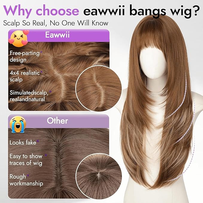 Long Copper Brown with Blonde Highlights Wig with Bangs for Women,4x4 Realistic Scalp,Free Parting,Layered Hairstyle Synthetic Heat Resistant for Daily Party Use 26 inch