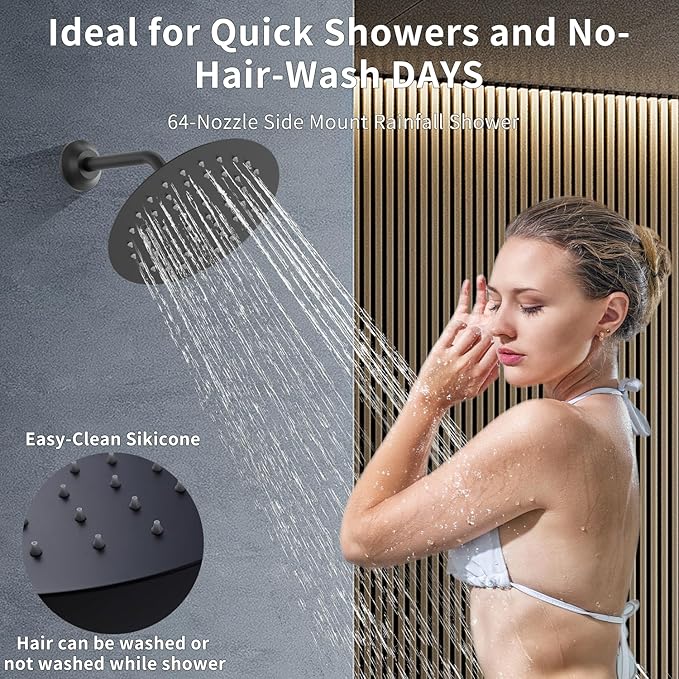 HONGTONGSOWER Shower Faucet Set Matte Black Shower System Temperature Display Diverter Shower Valve and 2 in 1 Handheld with Slide Bar, 12 Inch Ceiling Shower Head with 8 Inch Wall Mount Shower Head