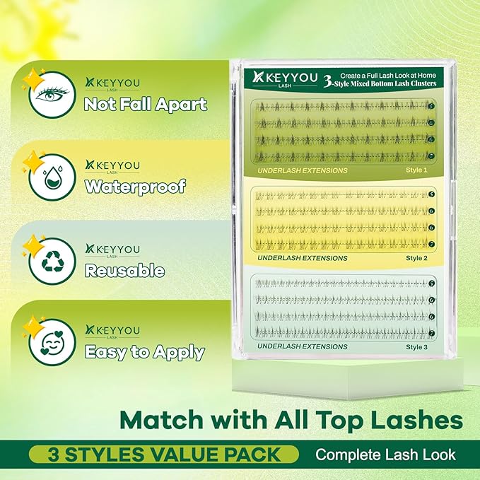 KEYYOU Bottom Lash Clusters DIY Eyelash Extensions 3 Styles Lower Lashes Wispy Bottom Individual Lashes 5-7mm Natural Thin Band Eyelash Clusters (Bare)