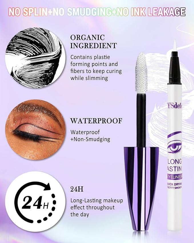 Black Mascara Liquid Eyeliner Set, Update Longlasting Waterproof Color Eye Liner Pen, 5D Silk Fiber Colored Mascara Volume and Length, Christmas Party Stage Use Eye Makeup Gift Kit for Women Girl-01