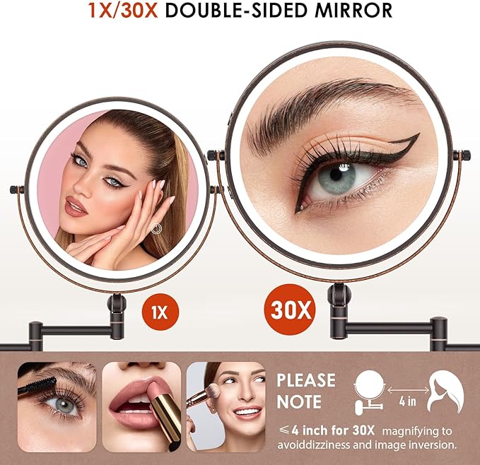9" Wall Mounted Lighted Makeup Mirror,4000mAh Rechargeable Double Sided 1X/30X Magnifying Mirror with Light,Touch Dimmable,Extended Arm 360 Rotation Wall Mounted Makeup Mirror 3 Color Lights-Bronze