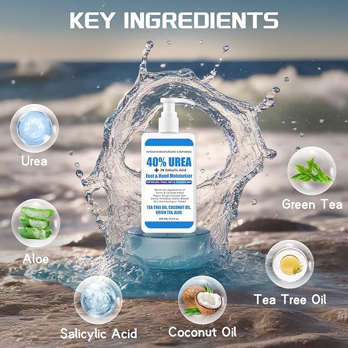 Urea Cream 40 percent for Feet Maximum Strength + 2% Salicylic Acid, Exfoliating Dead Skin & Soften Crack Foot for Extremely Dry Skin Body Lotion, Urea 40% Cream Enriched Skin Moisturizer, 5.3 oz（40%）