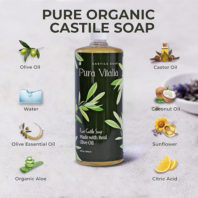Pura Vitalia Unscented Organic Castile Soap | Body Wash & Cleanser for Face & Hands | Biodegradable, Eco-Friendly, Palm Oil Free, Vegan & Gentle | Made with 6 Natural Ingredients | 32 oz