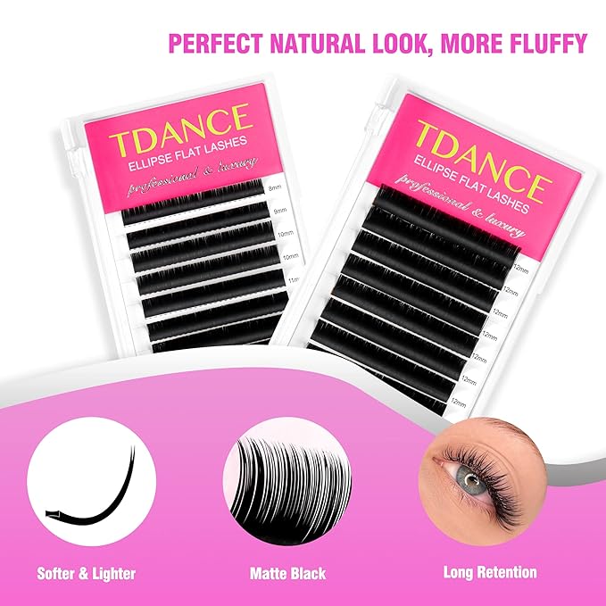 TDANCE Classic Lash Extensions Flat Lashes Eyelash Extensions 0.2mm C Curl Ellipse Eyelash Extensions 14mm Mixed Black Matte Individual Lashes Salon Use(Flat,C-0.2,14mm)