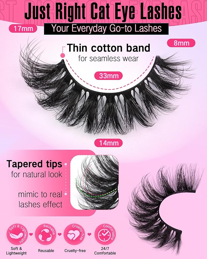 JIMIRE Mink Lashes Wispy Cat Eye Lashes Full 6D Volume False Eyelashes that Look Like Extensions 16MM Thick Soft D-Curly Fake Lashes 7 Pairs Pack