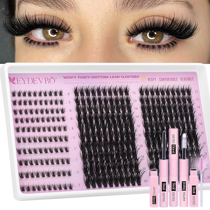 EYDEVRO Wispy Fairy Lash Clusters Kit with Bottom Lashes 12-20mm Long Cluster Eyelash Extensions with Bottom Lash Clusters 300 Pcs Eyelash Clusters Kit DIY Lash Extension Kit Lash Bond and Seal Brush