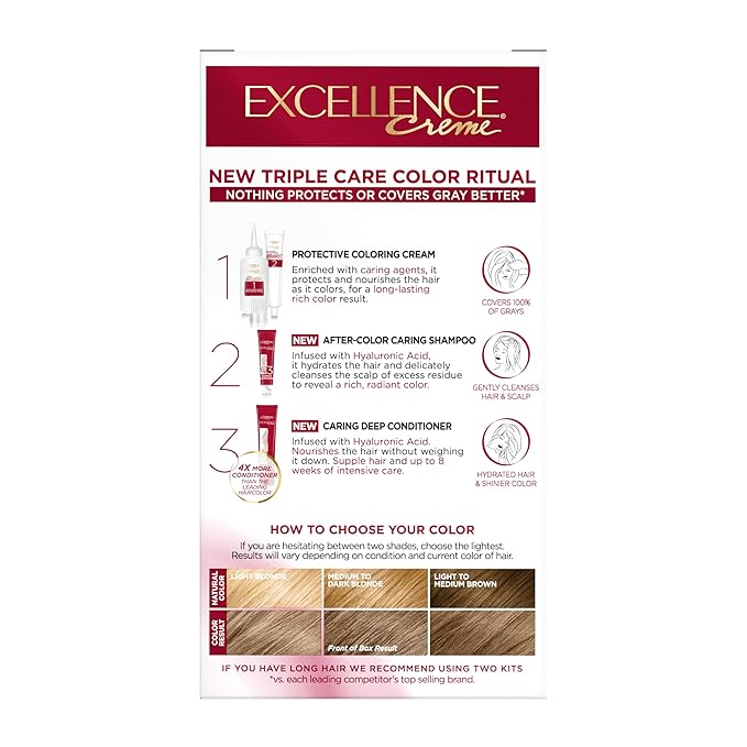 L'Oreal Paris Excellence Crème Permanent Hair Dye, Triple Care Hair Color with Hyaluronic Acid for 100% Gray Coverage, 7.5A Medium Ash Blonde, 1 Kit (Packaging May Vary)