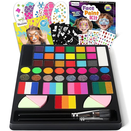 Mocoosy 41 Color Face Painting Kit for Kids, Non-Toxic Water Activated Face Paint Palette With Stencil, Brushes, Gem, Professional Body Makeup Kit for Cosplay Party, Carnival, Birthday, Costume Party