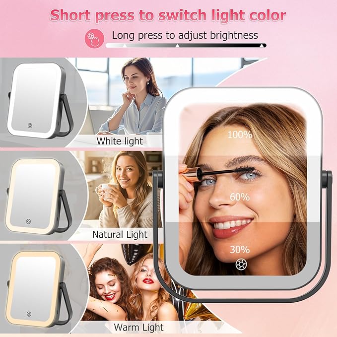 FUNTOUCH 30X/1X Travel Makeup Mirror with Lights, 3000mAh Rechargeable 2-Sided Magnifying Mirror, Portable Vanity Mirror, 3-Color Lighting Dimmable Touch Screen, for Women Gift, Black