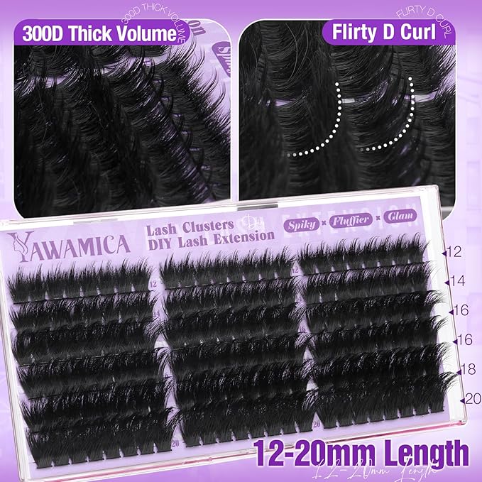 300D Fluffy Wispy Lash Clusters D Curl Thick Volume Individual Lashes with Subtle Spikes 12–20mm Cluster Eyelash Extensions DIY Eyelash Clusters for Soft Glam & DIY Lash Look by Yawamica