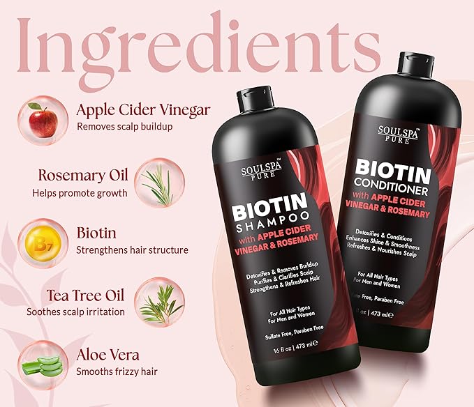 Biotin Shampoo and Conditioner Set with Apple Cider Vinegar & Rosemary Oil | Sulfate Free Scalp Care & Hair Strengthening System for Thinning, Oily or Color-Treated Hair – 16 fl oz Each | SOULSPA PURE