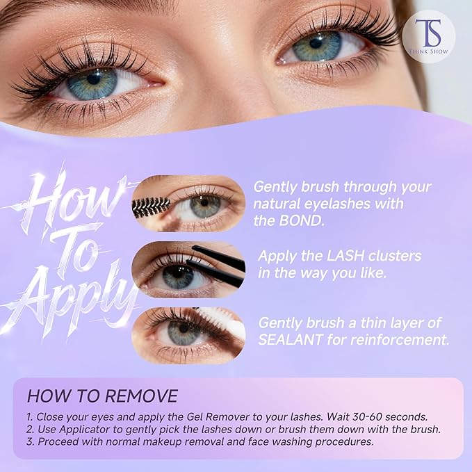 THINK SHOW Lash Clusters Kit 30D 9-16mm 280pcs Wispy Lash Clusters Kit with Bond and Seal,Tweezers,Remover Natural Cluster Eyelash Extensions for Beginners(30D)