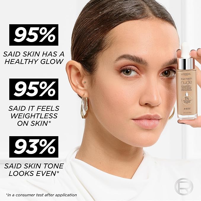 L'Oreal Paris True Match Nude Hyaluronic Tinted Serum Foundation with 1% Hyaluronic acid, Cool Deep 7.5-8.5, 1 fl. oz.