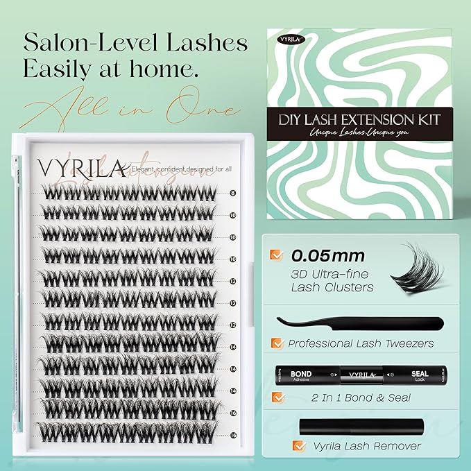 Lash Clusters Kit 0.05mm Individual Lashes, 3D Wispy Lashes, 0.1mm Super Thin Band Resuable Natural Lashes,D Curl Faux Mink Lashes,108pcs Lash Extension (Green Cozy-D-0.05-8-16mix-Kit)