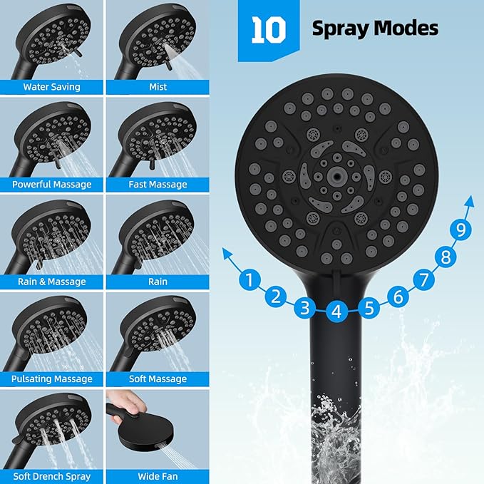 Hibbent All Metal CUPC Certified Shower Head, 8'' High Pressure Rainfall Shower Head, Handheld Showerhead Combo, 12'' Adjustable Extension Arm, 10 Sprays, 71'' Hose, Shower Holder, Matte Black