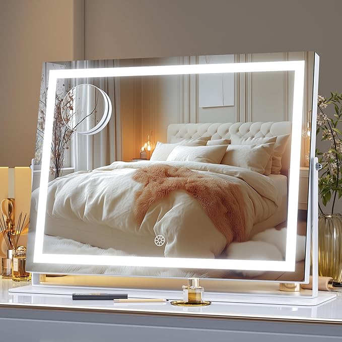 Hasipu Vanity Mirror with Lights, 15.7" x 11.8" LED Makeup Mirror, 3 Color Modes Touch Control and Brightness Adjustment Lighting Mirror, 10X Magnifying Glass, 360° Rotation