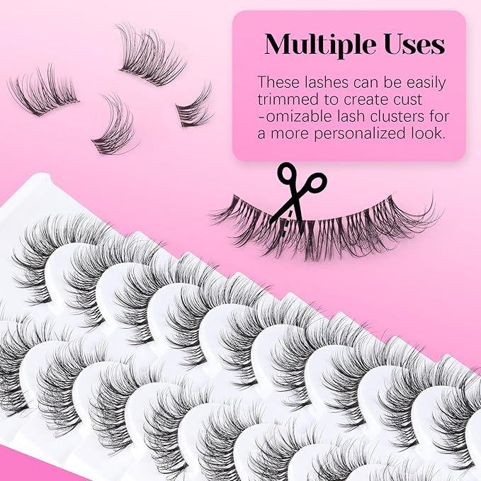Veleasha Cat Eye Lashes Wispy False Eyelashes with Clear Band Natural Look Eyelashes Looks Like Lash Extensions CC Curl Soft Fake Lashes Strips Lashes 10 Pairs Pack (Everyday Essentials)
