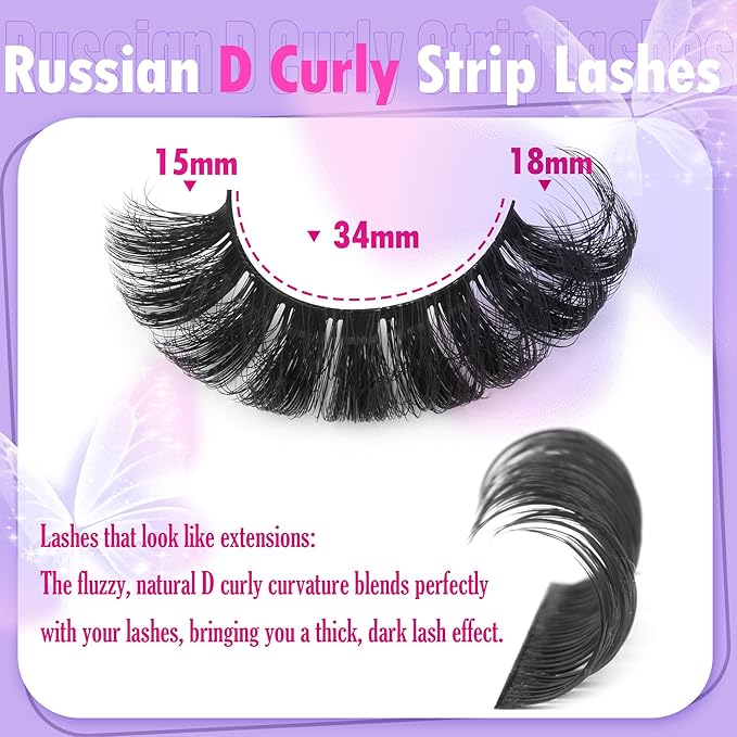 Russian Strip Lashes Natural Look False Eyelashes Fuzzy D Curly Strip Eyelashes Wispy Thick Volume Fake Eye Lashes Cat Eye 16 Pairs ALICROWN