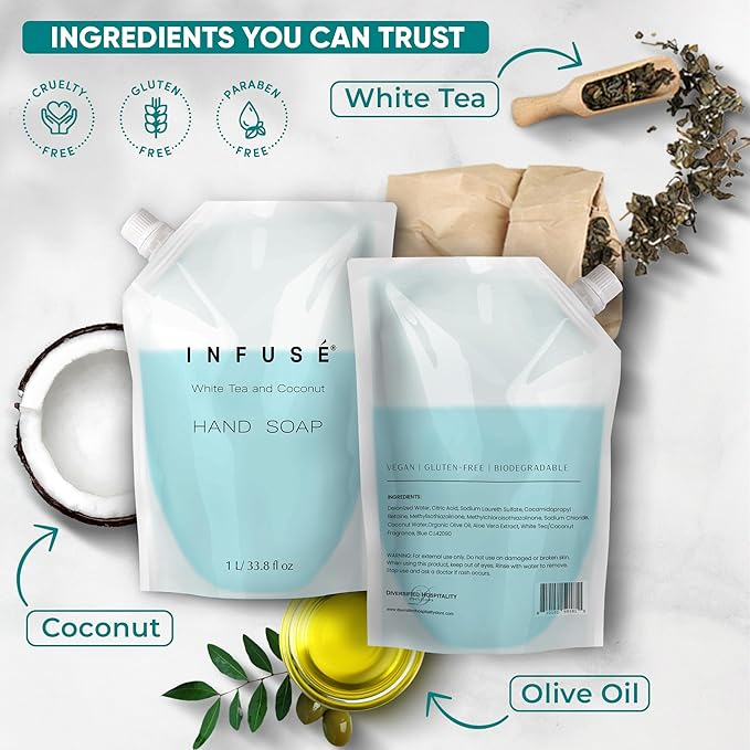 INFUSÉ 1 Liter Hand Wash Refill Bag For Soap Dispensers | Bulk Toiletries for Vacation Rentals, and Home Bathroom Showers | White Tea and Coconut | Set of 12