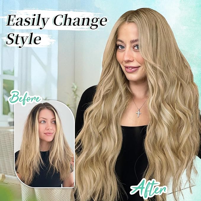 KooKaStyle Clip in Synthetic Hair Extensions Long Wavy 4PCS Thick Hairpieces Light Brown mix Golden Blonde Fiber Double Weft Natural Hair Extensions 24 Inch for Women