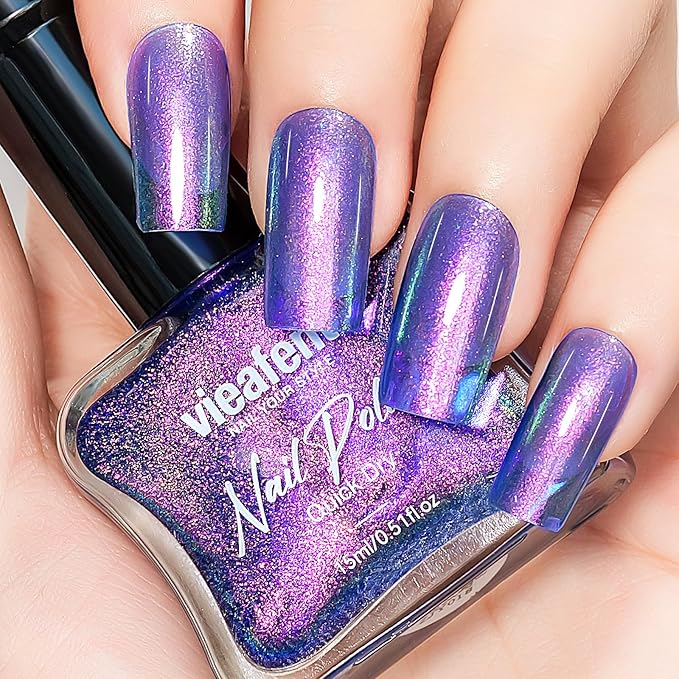 Glitter Nail Polish Blue Purple 15ml, Quick Drying Nail Polish Shimmer Glossy Regular Long-Lasting Air Dry Oil-Base Aurora Nail Art DIY for Ladies