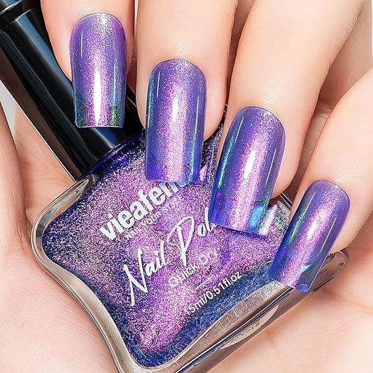 Glitter Nail Polish Blue Purple 15ml, Quick Drying Nail Polish Shimmer Glossy Regular Long-Lasting Air Dry Oil-Base Aurora Nail Art DIY for Ladies