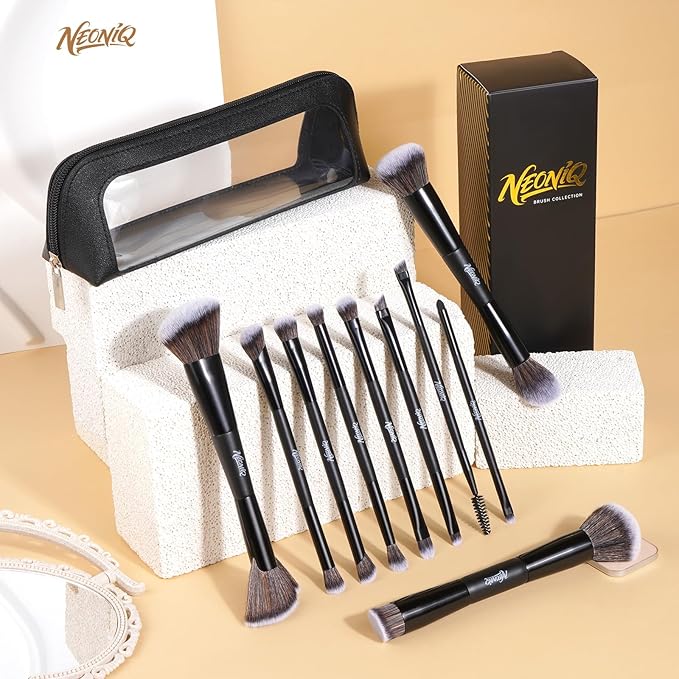 NEONIQ 10 PCS Foundation Contour Conceal Brush Set With Bag, Makeup Brushes, Double-End Multi-functional Brushes for Foundation Powder Blush Eyeliner Eyeshadows, Professional Face Brush Set（Black）