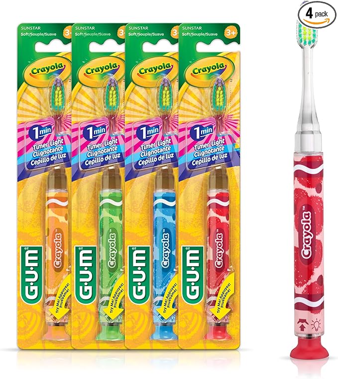 GUM Crayola Timer Light Toothbrush for Kids, Soft Bristles, Suction Cup Base, Children & Toddler Toothbrush 3 Year Old+, 1 Count (Pack of 4)