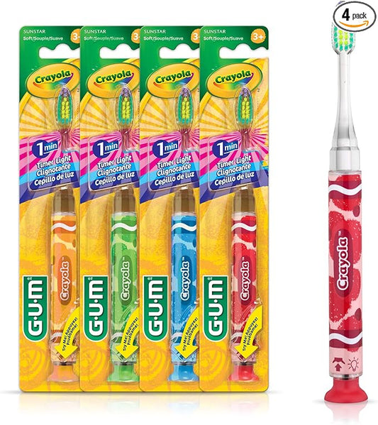 GUM Crayola Timer Light Toothbrush for Kids, Soft Bristles, Suction Cup Base, Children & Toddler Toothbrush 3 Year Old+, 1 Count (Pack of 4)